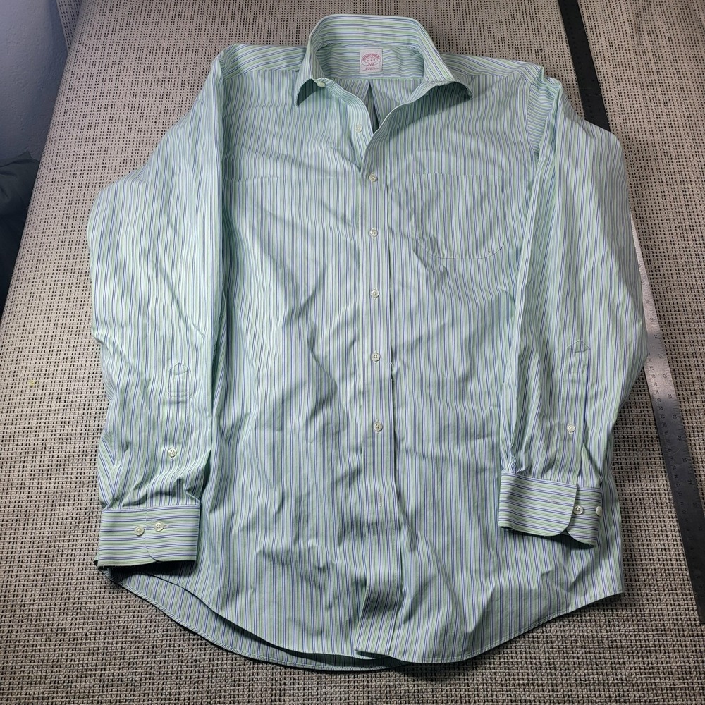 Brooks Brothers Dress Shirt Mens 16 34/35 Green Stripe Classic Fit Non Iron 346